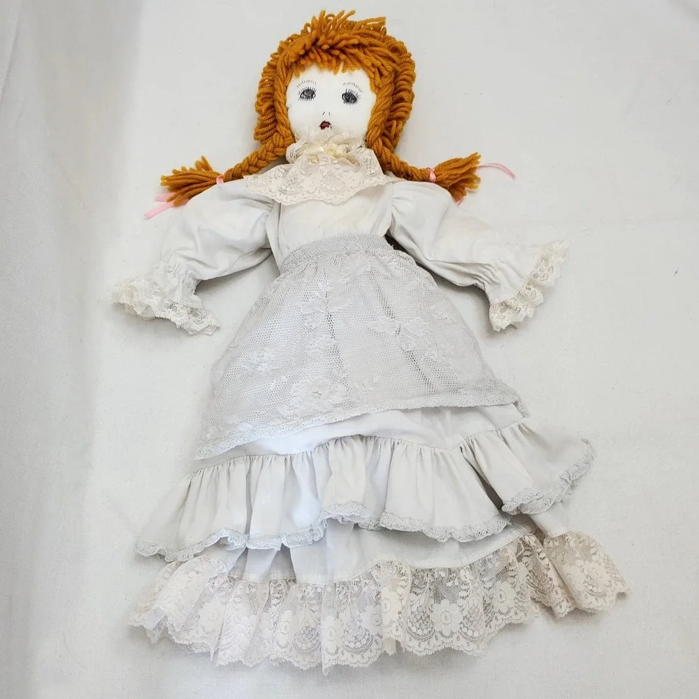 Vintage ♡ Handmade Hand-Crafted Cloth Doll W/Lace Dress‎ ♡ Yarn Hair Braids